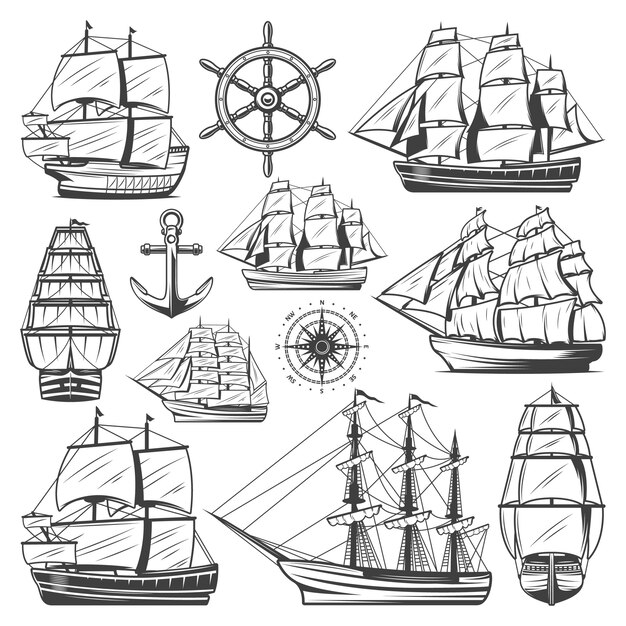 Vintage grote schepen collectie met verschillende schepen boten stuurwiel anker