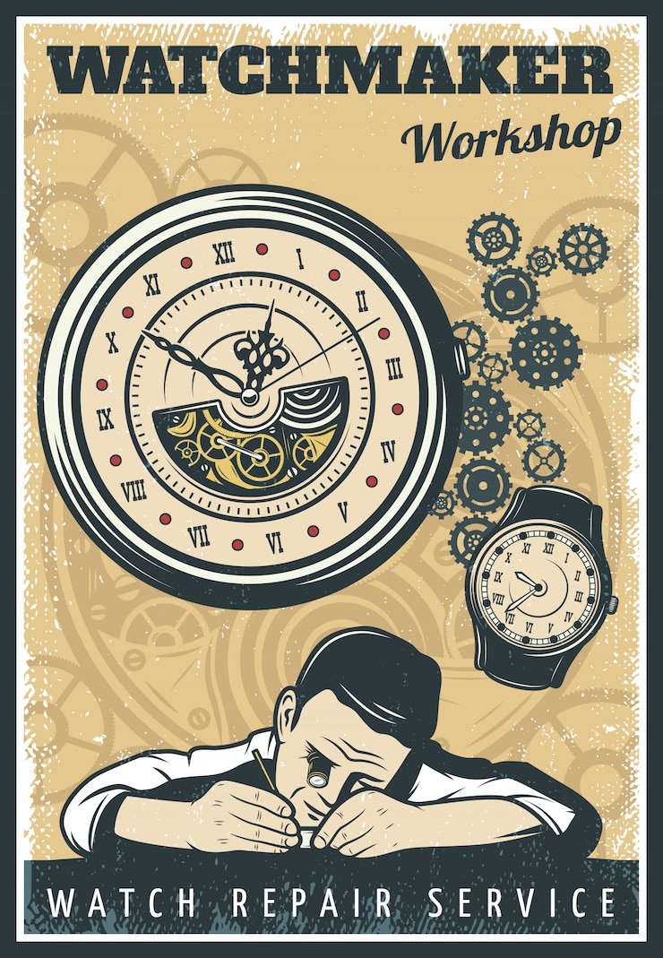 Gratis Vector vintage horloges reparatie service poster