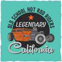 Gratis vector vintage hot rod t-shirt labelontwerp met illustratie van aangepaste snelheidsauto.