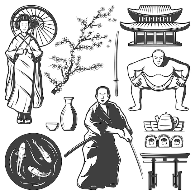 Gratis vector vintage japan elementen set met samurai sumospeler geisha kruik zwaard sushi thee koikarpers bouwen sakura tak geïsoleerd