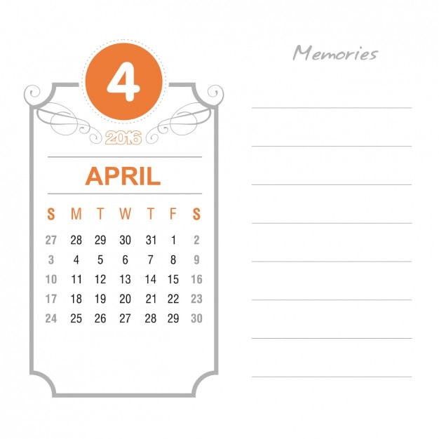 Gratis vector vintage kalender april 2016