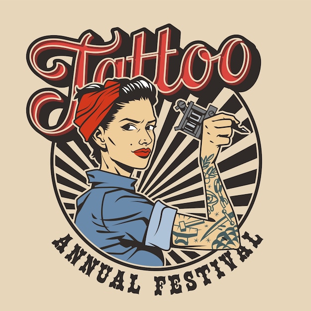 Gratis vector vintage kleurrijke tattoo festival label