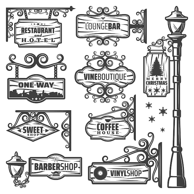 Gratis vector vintage labels voor straatlantaarns met metalen paalinscripties op houten borden en planken