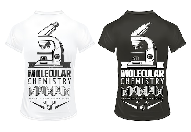 Vintage laboratoriumonderzoek prints sjabloon met inscriptie microscoop dna moleculaire structuur op witte en zwarte shirts geïsoleerd