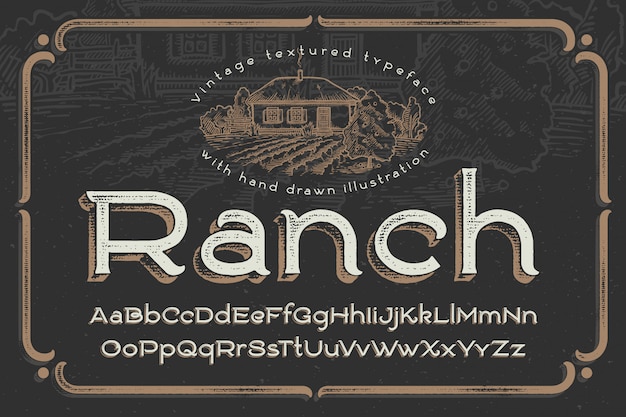 Vintage lettertype met getextureerde effect en ranch illustratie