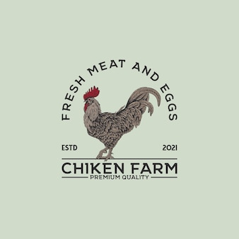 Vintage logo van kippenboerderij met handgetekende kleurstijl