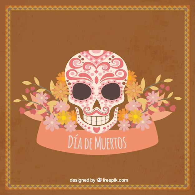 Gratis vector vintage mexicaanse schedel achtergrond met bloemen decoratie