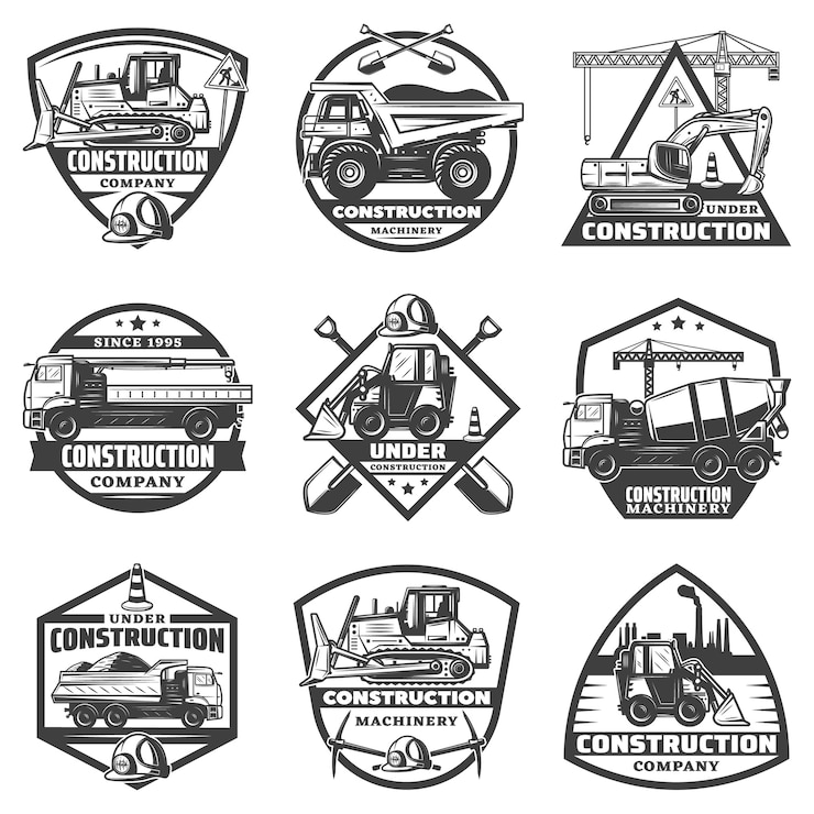 Gratis Vector vintage monochrome constructie labels set met inscripties bouwmateriaal vrachtwagens kraan bulldozer graafmachine geïsoleerd