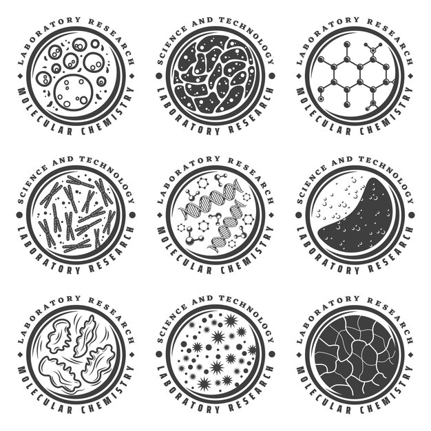 Vintage monochrome molecuul labels set met moleculaire verbindingen atomen virus kiem bacterie cellen geïsoleerd