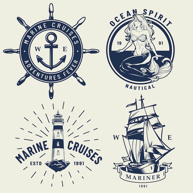 Gratis vector vintage monochrome nautische logo's set