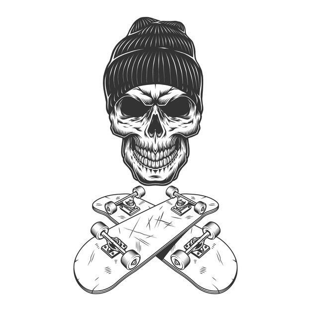 Vintage monochrome skateboarder schedel