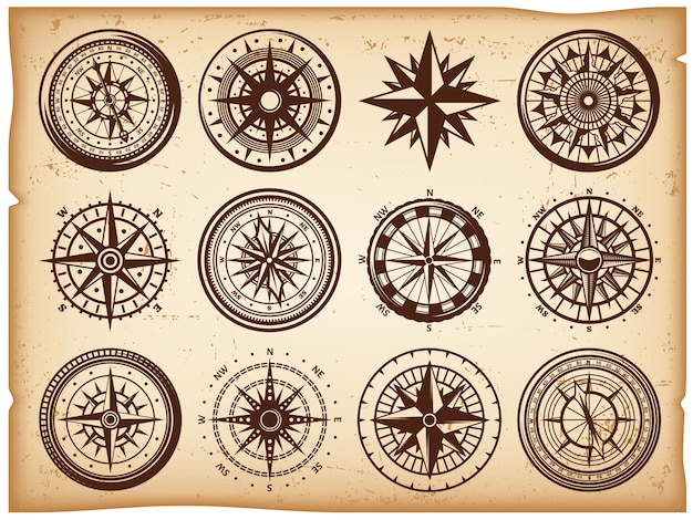 Gratis vector vintage nautische kompassen pictogrammen instellen