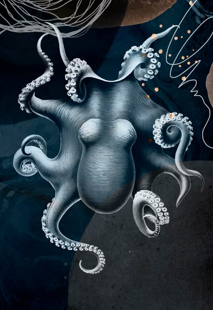 Vintage Octopus, remix van origineel schilderij van Carl Chun