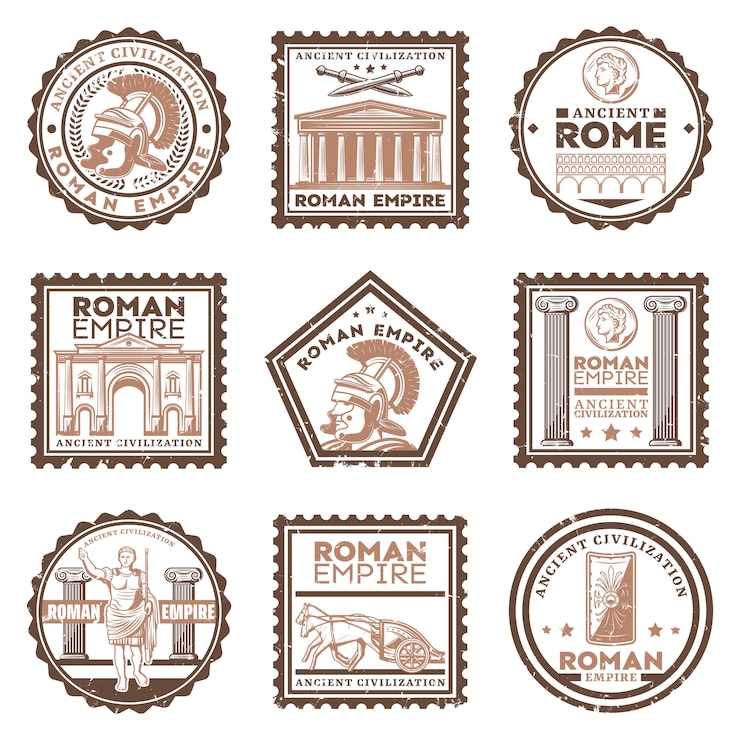 Gratis Vector vintage oude beschavingstempels in rome bezet met inscripties gladiatorzwaarden schild triomfboog