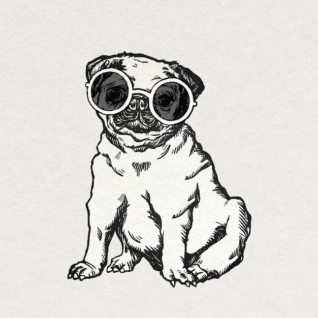 Gratis vector vintage pug dog sticker met schattige zonnebril