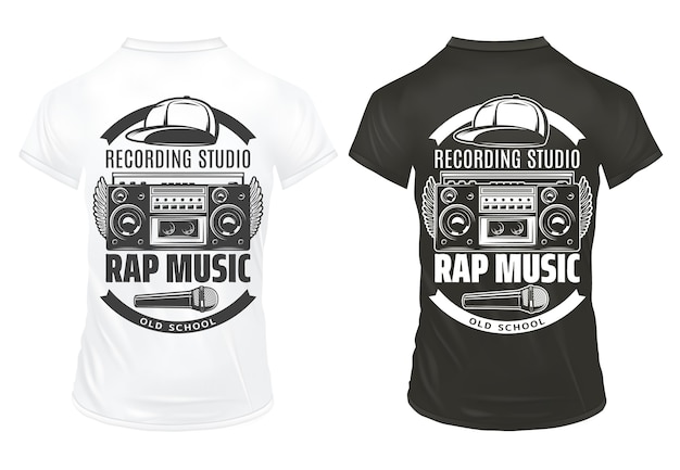 Vintage rapmuziek prints sjabloon met inscripties recorder microfoon dop op zwart-witte shirts geïsoleerd