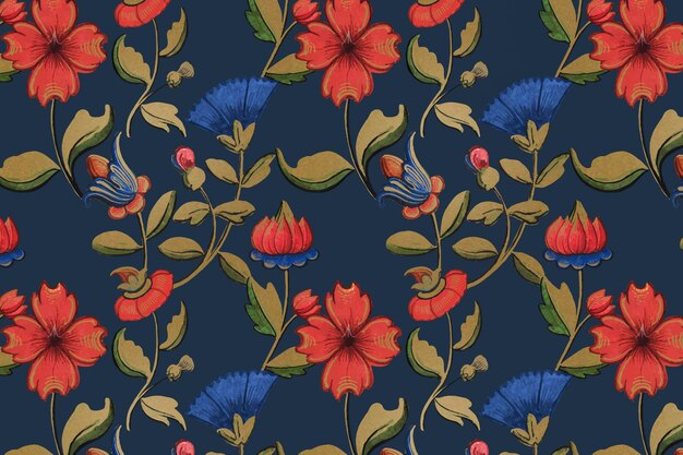 Vintage rode en blauwe bloemmotief achtergrond, met kunstwerken uit het publieke domein