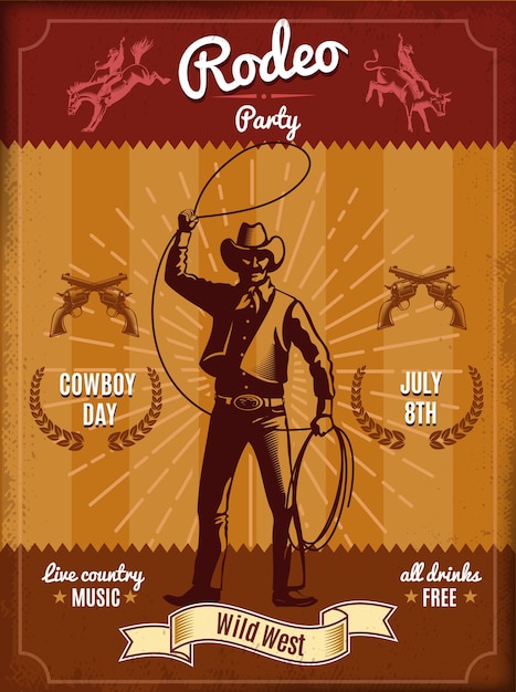 Gratis vector vintage rodeo poster met cowboy lasso en elementen uit het wilde westen