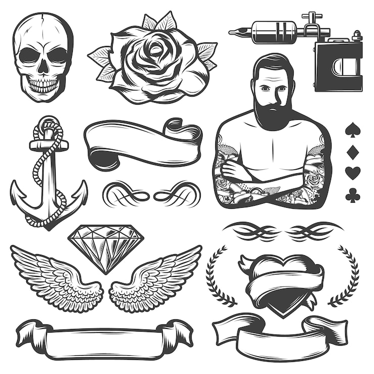 Gratis Vector vintage schets tattoo studio-elementen instellen