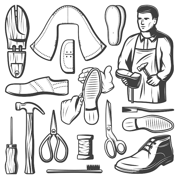 Vintage schoenmakerij elementen set met schoenmaker reparaties laars hamer spoel van draad borstel schaar priem lederen stukken geïsoleerd