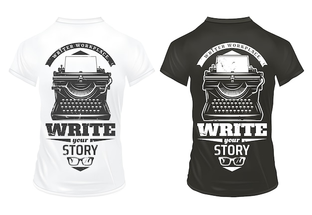 Vintage schrijver print sjabloon met inscripties typemachine en bril op geïsoleerde zwarte en witte shirts