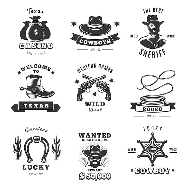 Gratis vector vintage sheriff logo set met texas casino cowboys wild welkom bij texas beschrijvingen