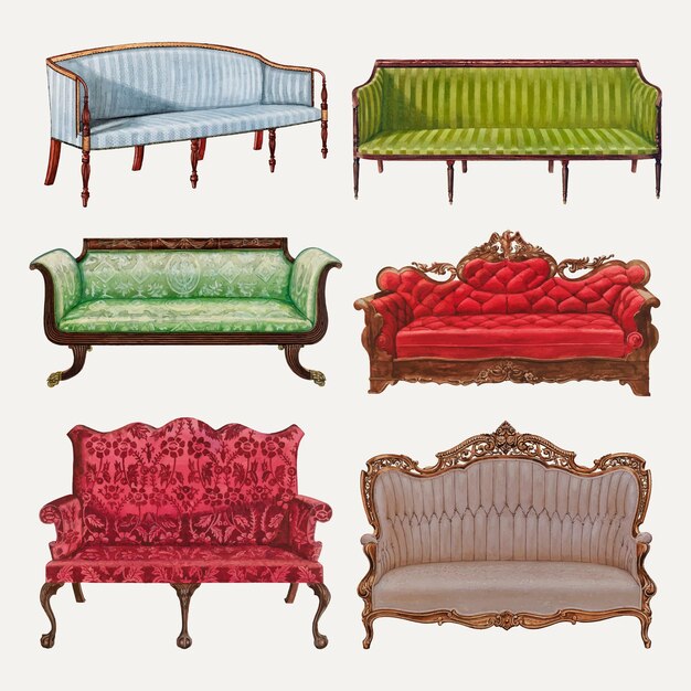 Vintage sofa illustratie vector set, geremixt uit publieke domein collectie