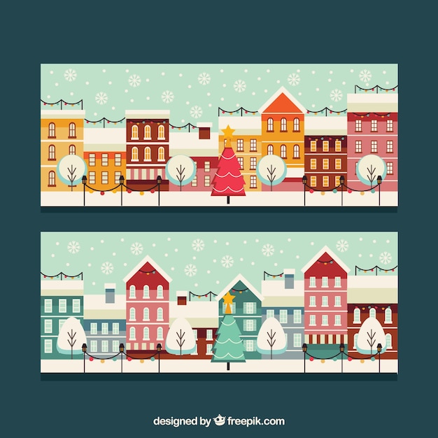 Gratis vector vintage stad banners met kerstboom