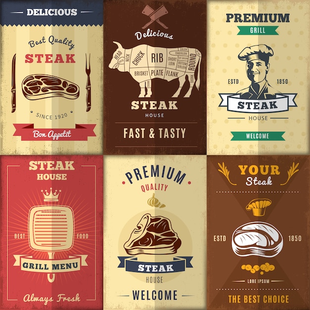 Gratis vector vintage steak house posters set