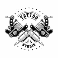 Gratis vector vintage tattoo studio logo vectorillustratie. monochrome gekruiste apparatuur voor professionals