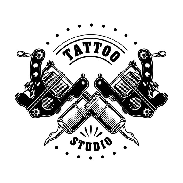 Vintage tattoo studio logo vectorillustratie. Monochrome gekruiste apparatuur voor professionals