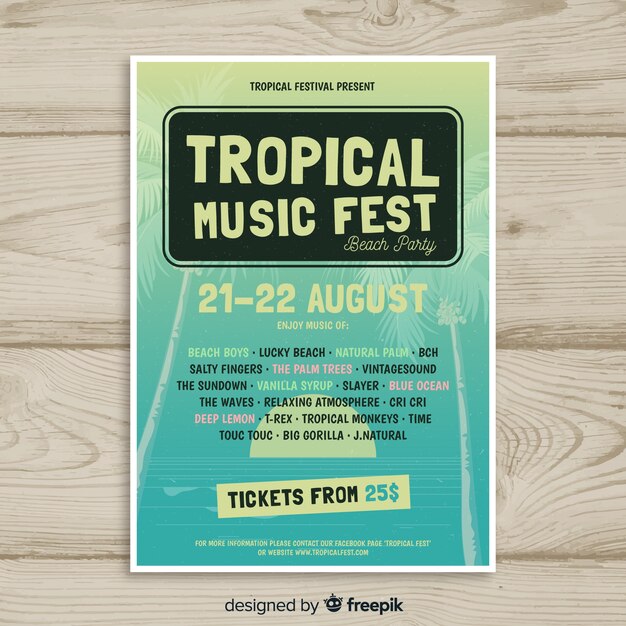 Vintage tropische muziek festival poster sjabloon