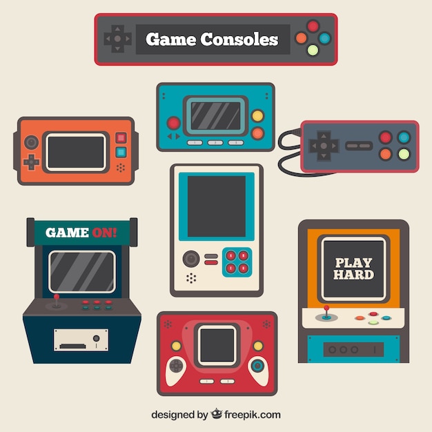 Gratis vector vintage video game consoles in plat design