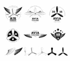 Gratis vector vintage vliegtuigetiketten, emblemen en symbolen. luchtvaartzegel, vleugelvlucht, propeller vectorillustratie
