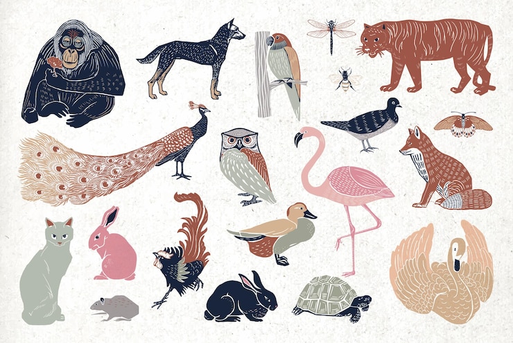 Gratis Vector vintage wilde vogels linosnede tekenset