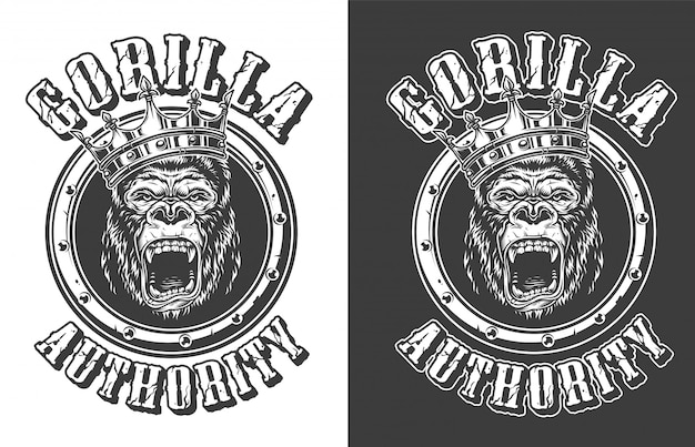 Gratis vector vintage woeste gorilla king ronde embleem