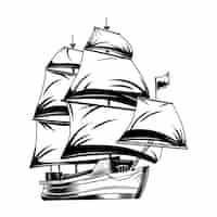 Gratis vector vintage zeilschip vectorillustratie. monochrome klassieke zeilboot.