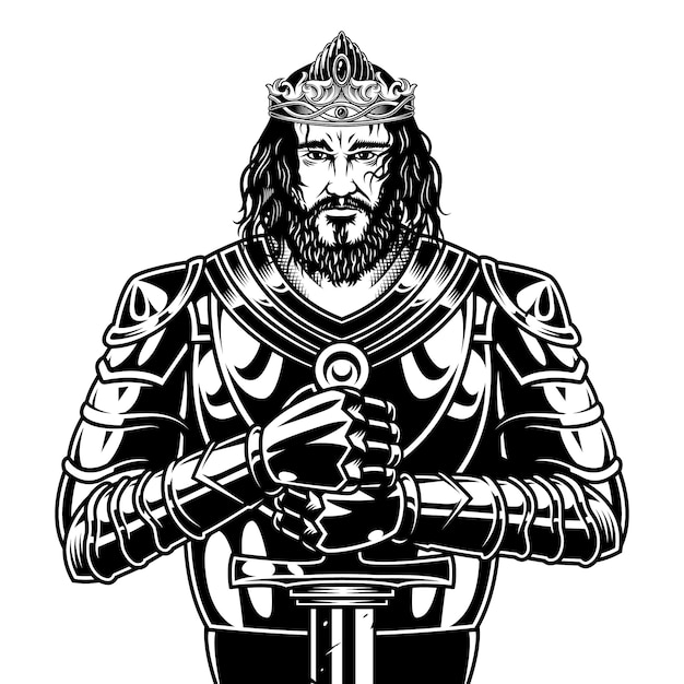 Gratis vector vintage zwart-wit middeleeuwse krijger met zwaard helm cape en metalen pantser vectorillustratie dragen