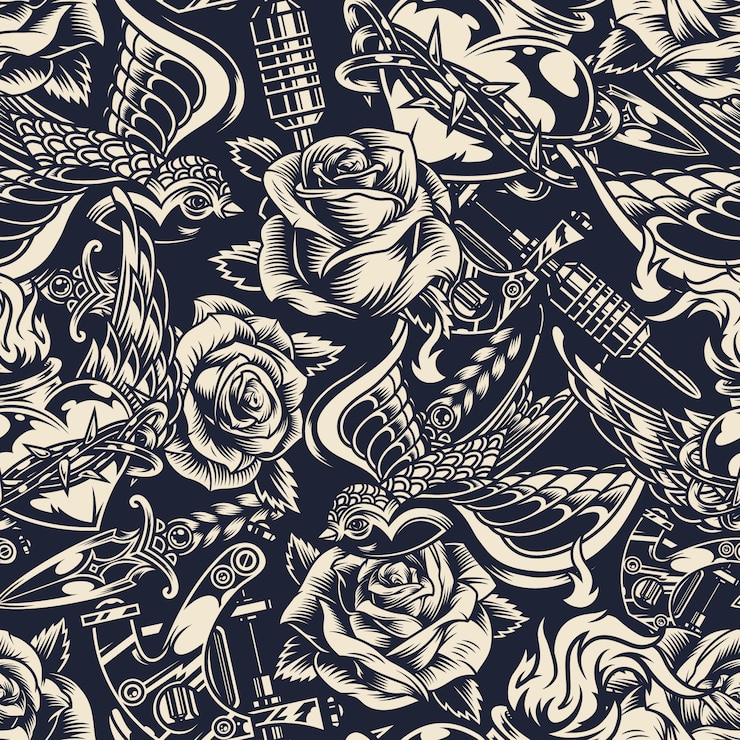 Gratis Vector vintage zwart-wit tatoeages naadloos patroon