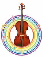 Gratis vector viool in regenboog rond frame met melodiesymbolen