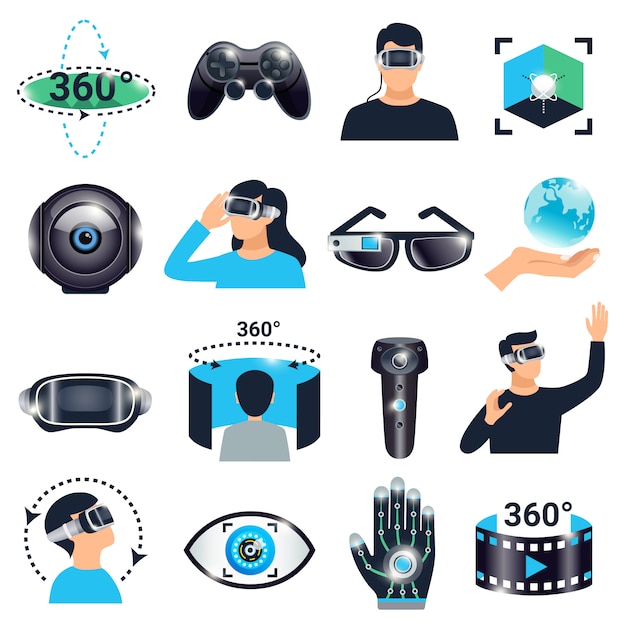 Virtual reality visualization simulation icon set