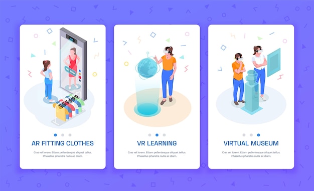 Gratis vector virtuele augmented reality 3 isometrische verticale banners met ar die kleding probeert te leren vr-museumillustratie