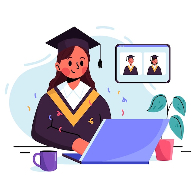 Gratis vector virtuele diploma-uitreiking met universitair afgestudeerde