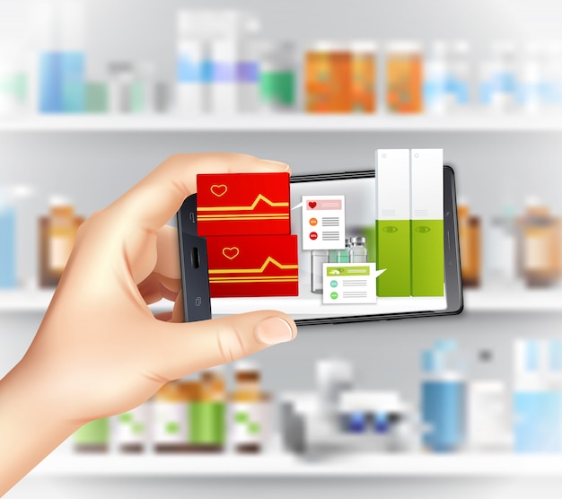 Virtuele en augmented reality-apps in de realistische samenstelling van de geneeskunde met smartphone-hand die medicatie kiest