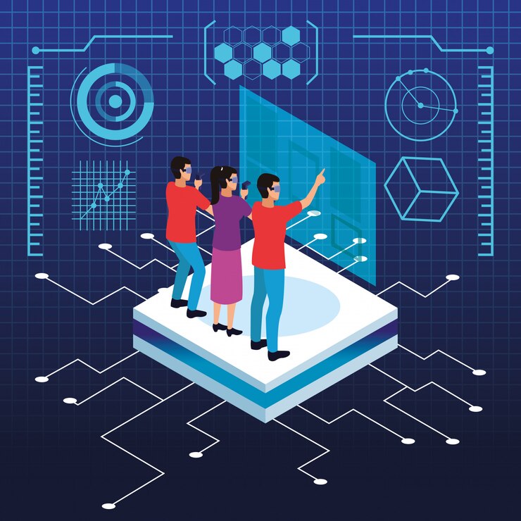 Gratis Vector virtuele realiteit en vrienden cartoons