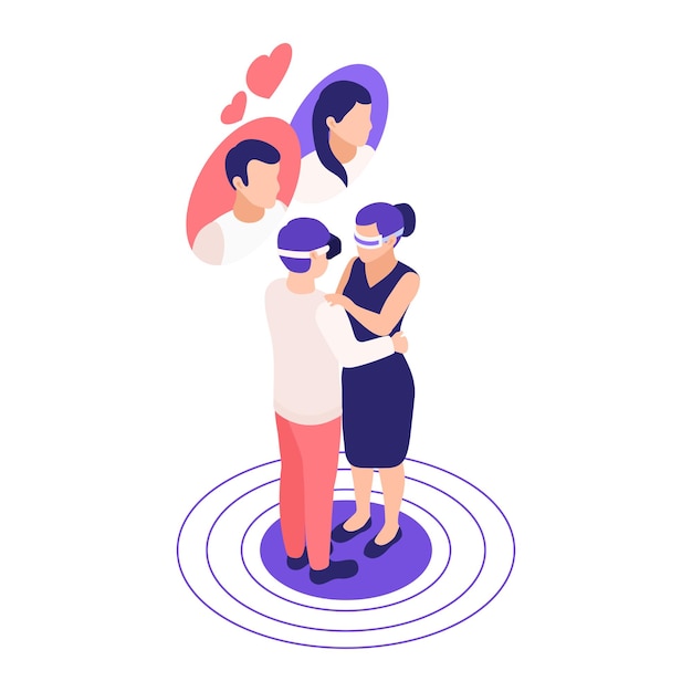 Virtuele relaties online dating isometrische compositie met omarmend paar met vr-brilillustratie