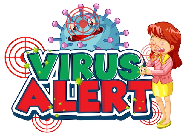 Virus alert-lettertypeontwerp met coronaviruspictogram en een meisje dat niest op een witte achtergrond