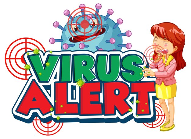 Virus Alert-lettertypeontwerp met coronaviruspictogram en een meisje dat niest op een witte achtergrond