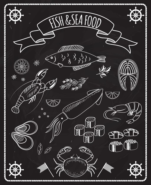 Vis en zeevruchten schoolbord vectorelementen met witte lijntekeningen van vis schepen wielen calamares kreeft krab sushi garnalen garnalen mossel zalm steak in een frame met een vaandel