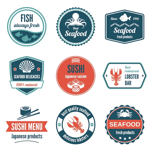 Visgerechten altijd verse visproducten delicatessen sushi japanse keuken kreeftstaaf pictogrammen set geïsoleerde vector illustratie.